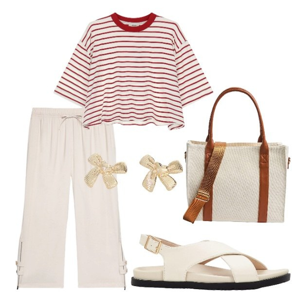 Outfit donna - Outifit di luglio. Stile Casual per Tutti i giorni. Abbinamento con sandali, shopping bag, t-shirt, orecchini, pantaloni.
