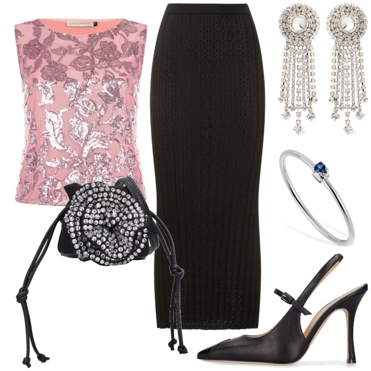 Outfit donna - Concerto classico. Stile Chic per Serata fuori. Abbinamento con top, anelli, orecchini, décolleté, gonne lunghe, borse a spalla.