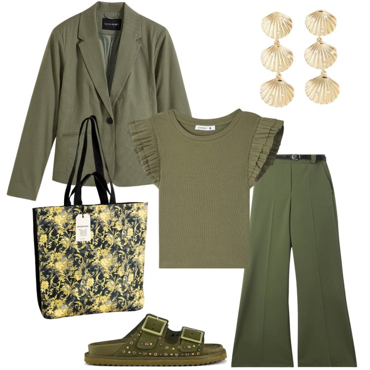 Outfit donna - Verde oliva con accessori. Stile Casual chic per Tutti i giorni. Abbinamento con blazer, pantaloni, t-shirt, orecchini, borse tote, sandali.