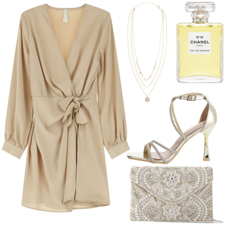 Outfit donna - Total look #2212088. Stile Glamour per Serata fuori. Abbinamento con pochette, collane, profumi, vestiti corti, sandali col tacco.