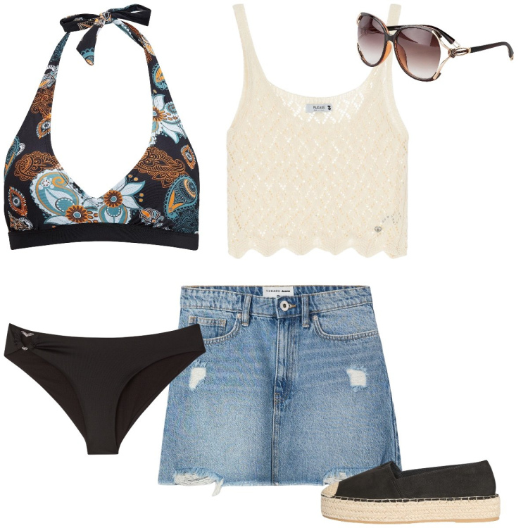 Outfit donna - Verso il mare. Stile Casual per Mare. Abbinamento con bikini, occhiali da sole, minigonne, bikini, espadrillas, top.
