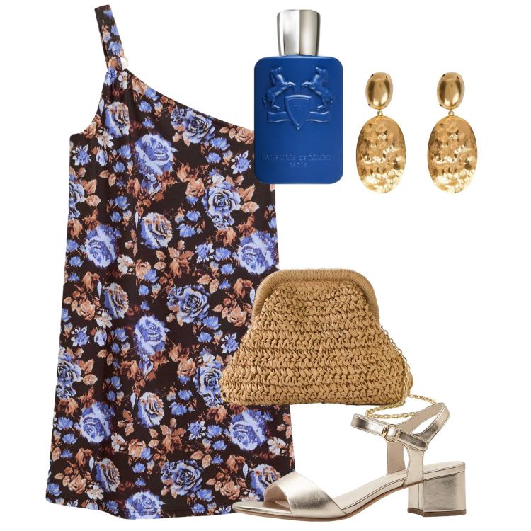 Outfit donna - Luglio monospalla. Stile Chic per Serata fuori. Abbinamento con vestiti corti, borse a tracolla, sandali col tacco, profumi, orecchini.