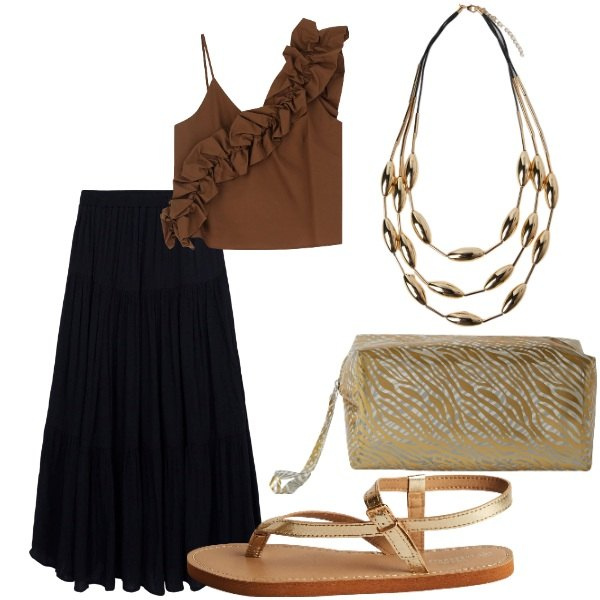Outfit donna - A cena fuori. Stile Casual chic per Serata fuori. Abbinamento con gonne lunghe, pochette, ciabatte, top, collane.
