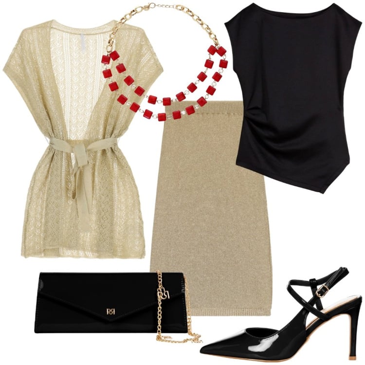 Outfit donna - Cena fuori. Stile Chic per Serata fuori. Abbinamento con top, pochette, décolleté, gonne longuette, cappotti, collane.