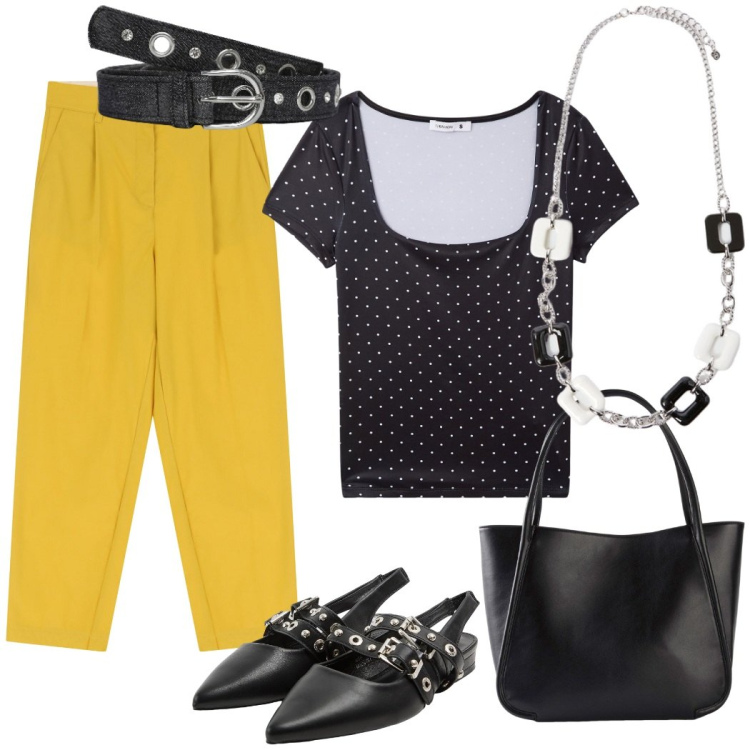Outfit donna - Pomeriggio con le amiche. Stile Casual chic per Tutti i giorni. Abbinamento con shopping bag, t-shirt, sabot, cinture, pantaloni, collane.