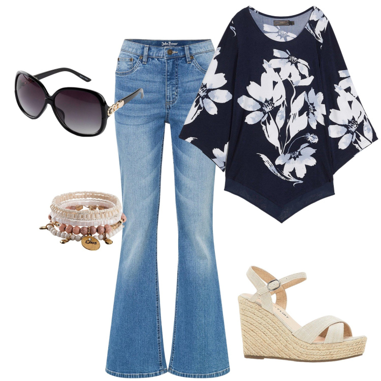 Outfit donna - Seventees. Stile 70s per Tutti i giorni. Abbinamento con braccialetti, occhiali da sole, jeans a zampa, sandali, maglieria.