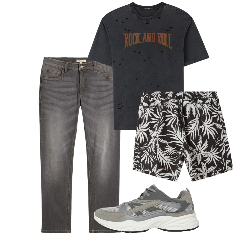 Outfit uomo - Il mare sotto casa. Stile Casual per Tutti i giorni. Abbinamento con jeans dritti, t-shirt, costumi, sneakers.