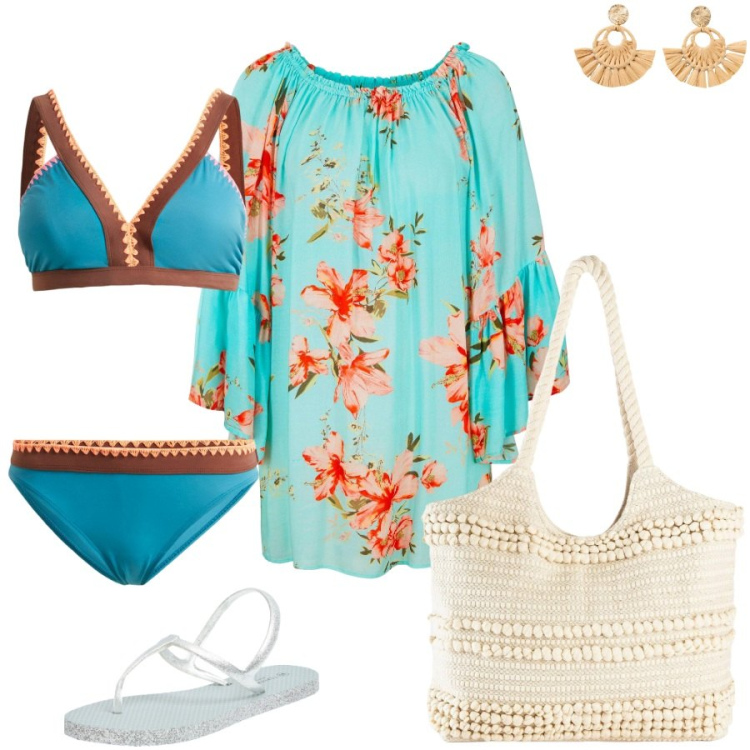 Outfit donna - My summer. Stile Casual chic per Mare. Abbinamento con bikini, vestiti da spiaggia, orecchini, shopping bag, sandali.