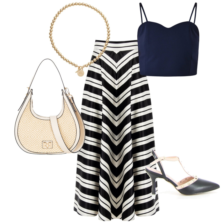 Outfit donna - Donna con la gonna. Stile Glamour per Ufficio. Abbinamento con gonne, canottiere, borse a mano, collane, sandali in pelle.