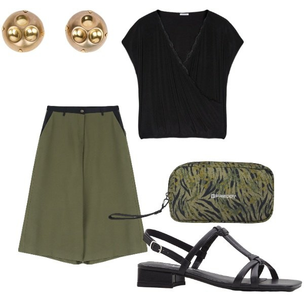 Outfit donna - Le serate di Luglio. Stile Casual per Tutti i giorni. Abbinamento con sandali col tacco, pantaloni, valigie, bluse, orecchini.