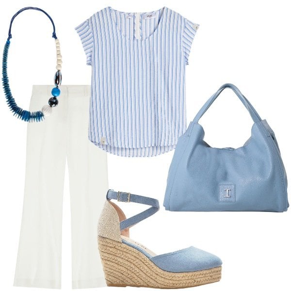 Outfit donna - A cena fuori. Stile Casual chic per Serata fuori. Abbinamento con bluse, sandali, pantaloni, pochette, collane.