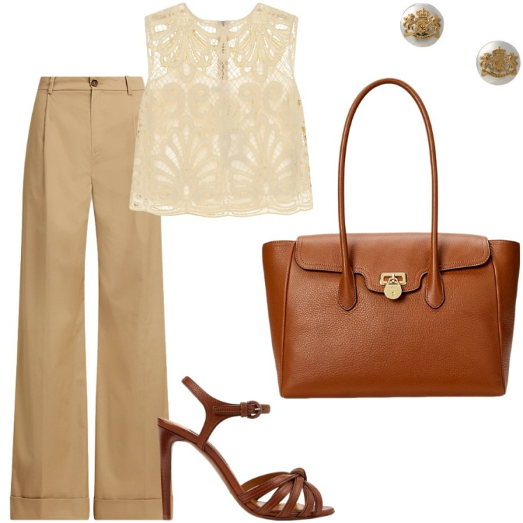 Outfit donna - Aperitivo al tramonto. Stile Chic per Serata fuori. Abbinamento con top, orecchini, borse a mano, sandali col tacco, pantaloni.