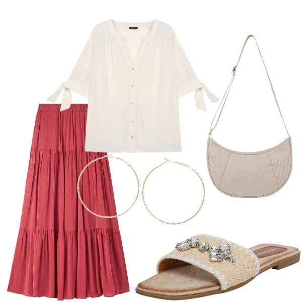 Outfit donna - Le serate di Luglio. Stile Casual per Tutti i giorni. Abbinamento con ciabatte, gonne lunghe, borse a spalla, orecchini, camicie.