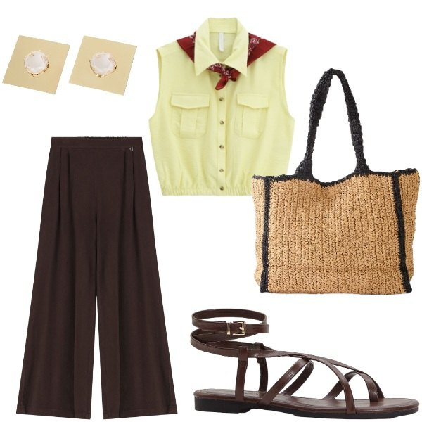 Outfit donna - Outifit di luglio. Stile Casual chic per Tutti i giorni. Abbinamento con shopping bag, sandali, camicie, orecchini, pantaloni.