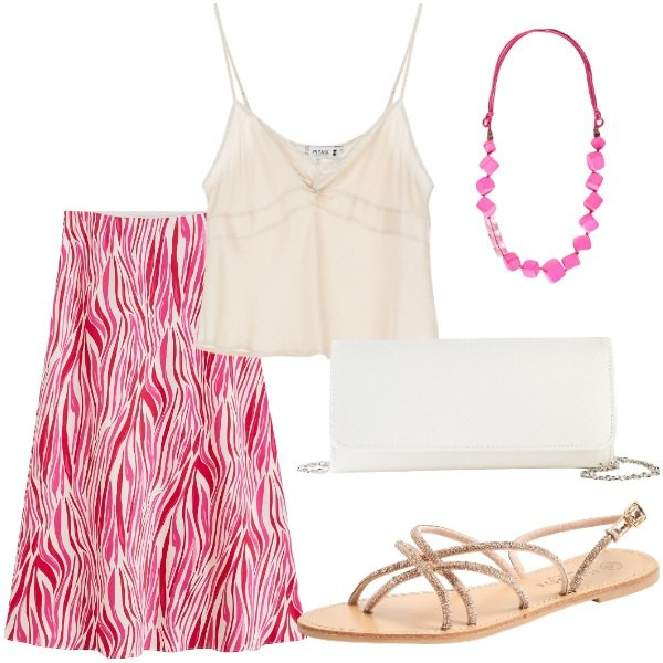 Outfit donna - A cena fuori. Stile Casual chic per Serata fuori. Abbinamento con gonne longuette, pochette, sandali, top, collane.