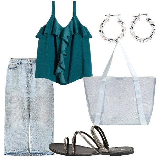 Outfit donna - Serata tra amici. Stile Casual per Tutti i giorni. Abbinamento con top, orecchini, gonne lunghe, shopping bag, sandali.