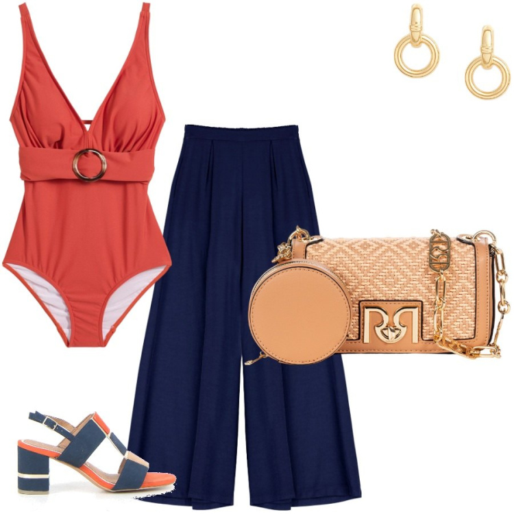 Outfit donna - Il costume glam. Stile Glamour per Serata fuori. Abbinamento con costumi interi, borse a tracolla, pantaloni, orecchini, sandali in pelle.