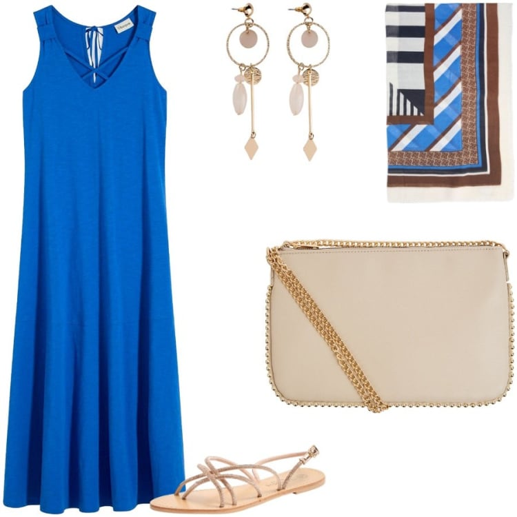 Outfit donna - Il maxi dress blu reale. Stile Casual chic per Tutti i giorni. Abbinamento con vestiti lunghi, orecchini, borse a tracolla, sandali, foulard.
