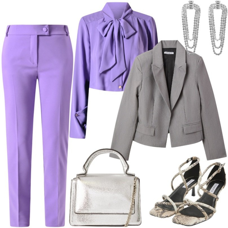 Outfit donna - Incontro tra viola e grigio. Stile Chic per Ufficio. Abbinamento con sandali col tacco, orecchini, blazer, borse a tracolla, bluse, pantaloni.