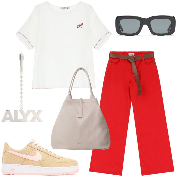 Outfit donna - Total look #2212148. Stile Casual per Tutti i giorni. Abbinamento con t-shirt, pantaloni, borse tote, occhiali da sole, sneakers, orecchini.