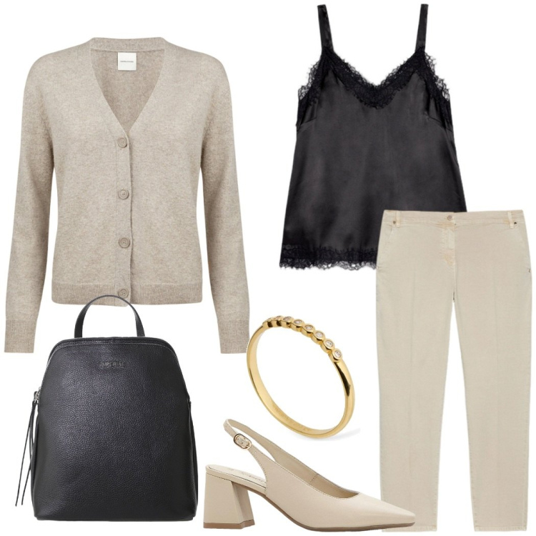 Outfit donna - Total look #2212149. Stile Casual chic per Tutti i giorni. Abbinamento con décolleté, zaini, pantaloni chino, cardigans, canottiere, anelli.