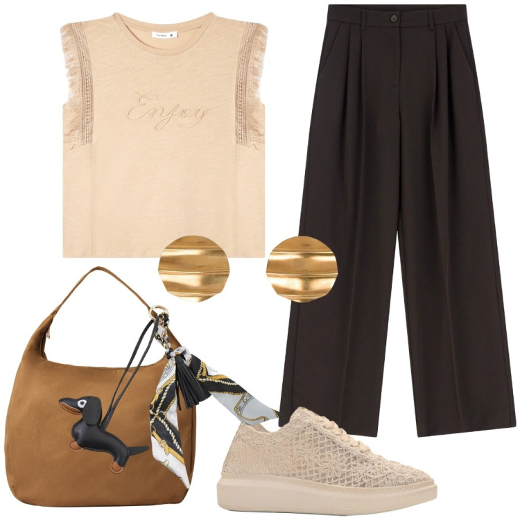 Outfit donna - In ufficio a luglio. Stile Casual chic per Ufficio. Abbinamento con sneakers, t-shirt, borse a mano, pantaloni, portachiavi, orecchini.