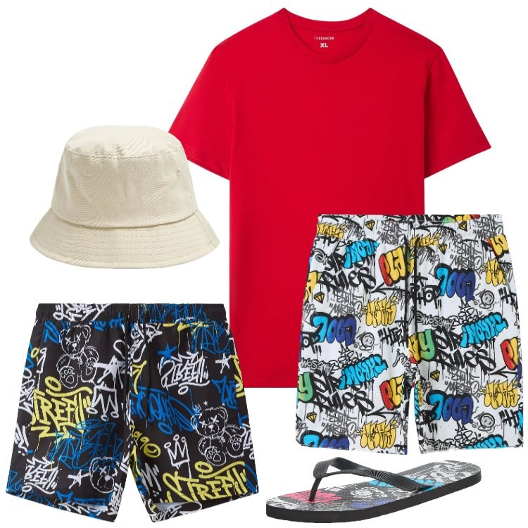 Outfit uomo - Total look #2212172. Stile Trendy per Mare. Abbinamento con cappelli, bermuda, sandali, t-shirt, costumi.