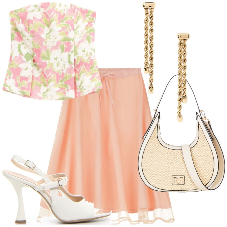 Outfit donna - Arancio pastello. Stile Romantica per Tutti i giorni. Abbinamento con borse a mano, top, gonne longuette, orecchini, sandali col tacco.