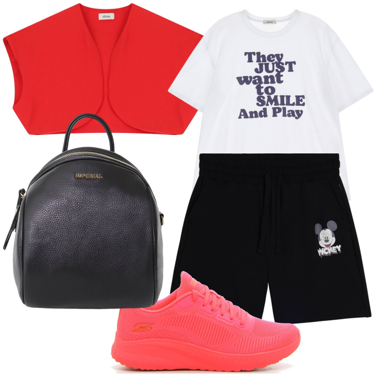 Outfit donna - Color is life. Stile Casual per Tutti i giorni. Abbinamento con zaini, pantaloni corti, gilet, t-shirt, sneakers.