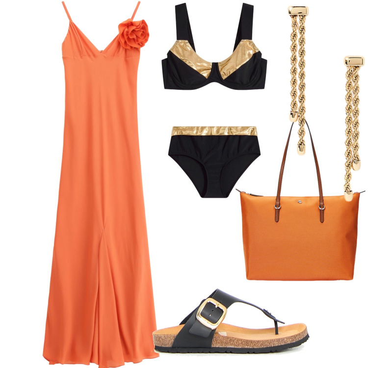 Outfit donna - Spiaggia di Ferragosto. Stile Glamour per Mare. Abbinamento con bikini, vestiti lunghi, borse tote, orecchini, infradito.