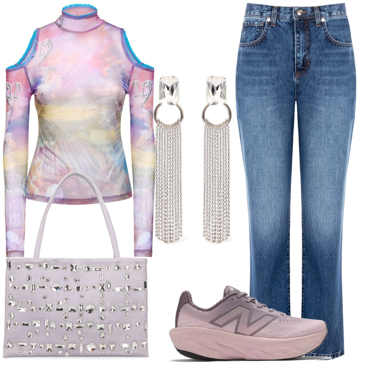 Outfit donna - Aperitivo in montagna. Stile Sporty chic per Serata fuori. Abbinamento con sneakers, jeans boyfriend, borse a spalla, orecchini, top.