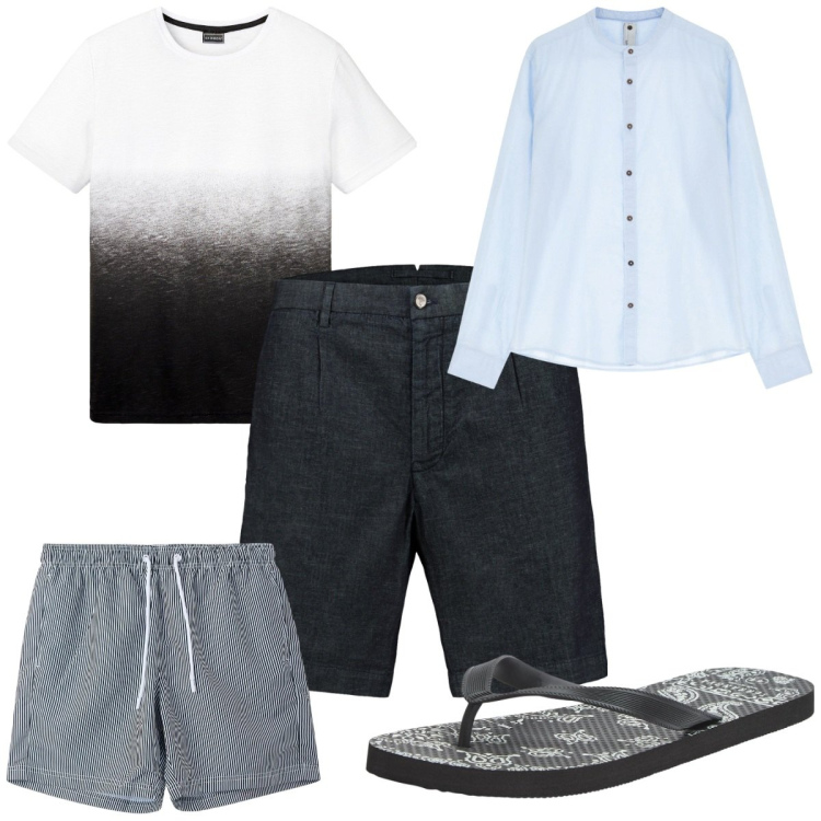 Outfit uomo - Total look #2212256. Stile Trendy per Mare. Abbinamento con t-shirt, sandali, costumi, camicie, bermuda.