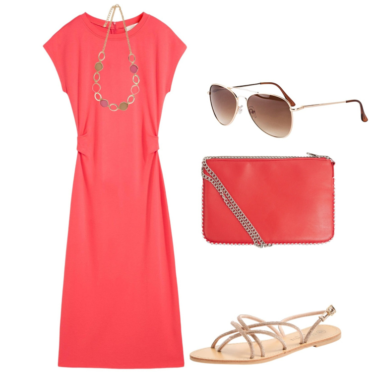 Outfit donna - Total look #2212260. Stile Casual per Tutti i giorni. Abbinamento con vestiti, occhiali da sole, sandali, borse a tracolla, collane.