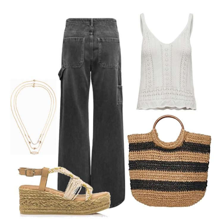 Outfit femme - Juillet. Style Casual pour Tous les jours. Assortir avec colliers, jeans, hauts, sandales à talon, sacs à main.