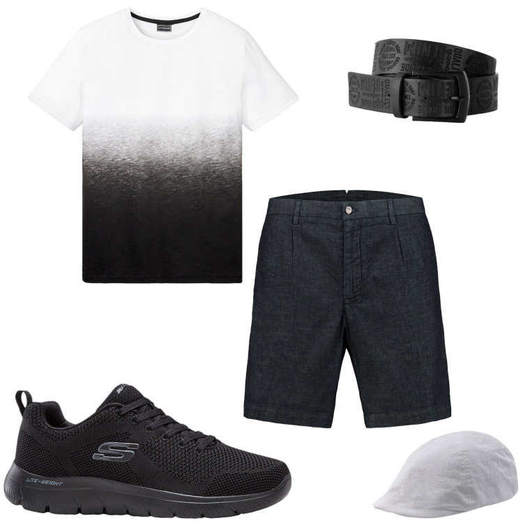 Outfit uomo - Black and White. Stile Casual per Tutti i giorni. Abbinamento con cinture, sneakers, t-shirt, cappelli con visiera, bermuda.