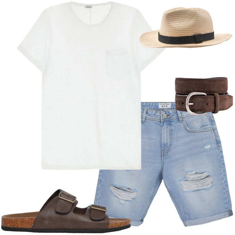 Outfit uomo - Sotto il sole. Stile Casual per Mare. Abbinamento con bermuda, sandali, t-shirt, cinture, cappelli.