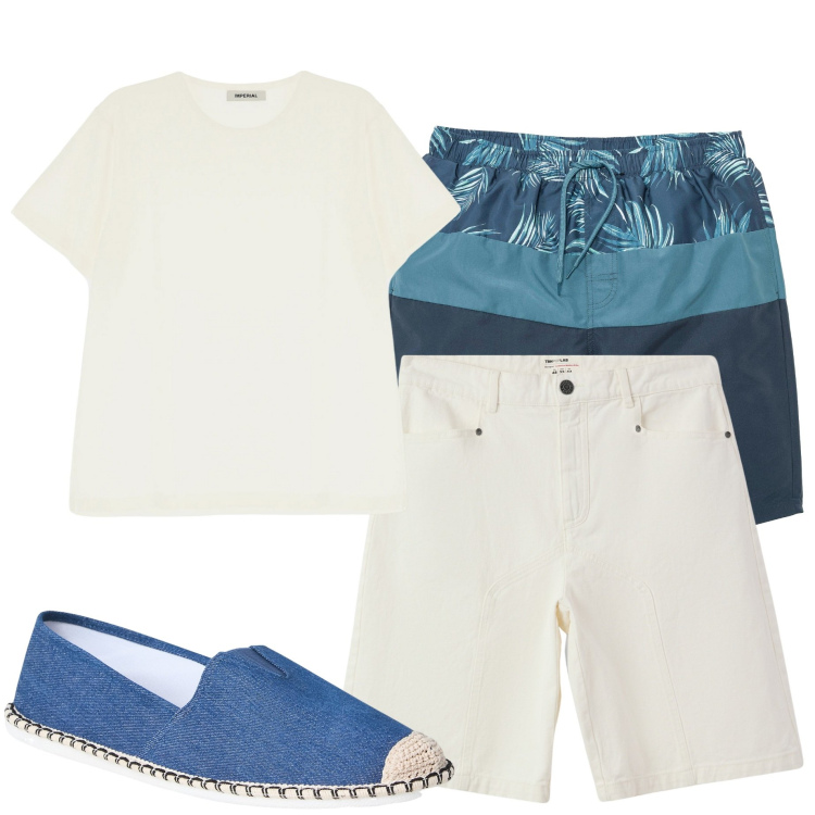 Outfit uomo - Al mare. Stile Casual per Mare. Abbinamento con costumi, espadrillas, bermuda, t-shirt.