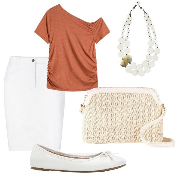 Outfit donna - Outifit di luglio. Stile Casual chic per Tutti i giorni. Abbinamento con borse a tracolla, ballerine, gonne, bluse, ciondoli.