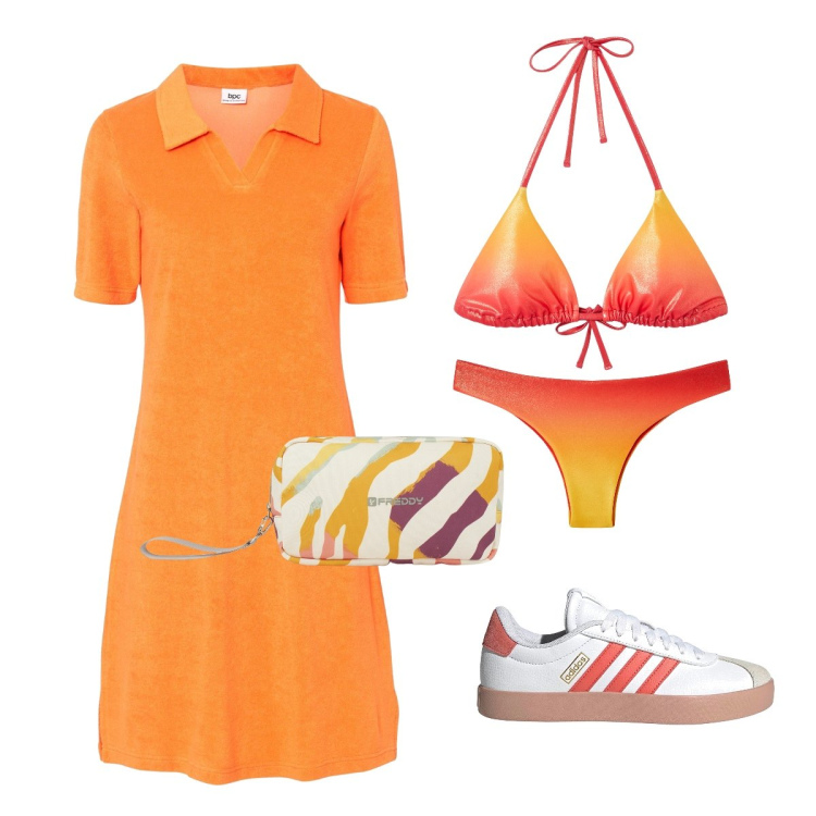 Outfit donna - Orange shades. Stile Sporty chic per Mare. Abbinamento con vestiti midi/longuette, bikini, bikini, valigie, sneakers.
