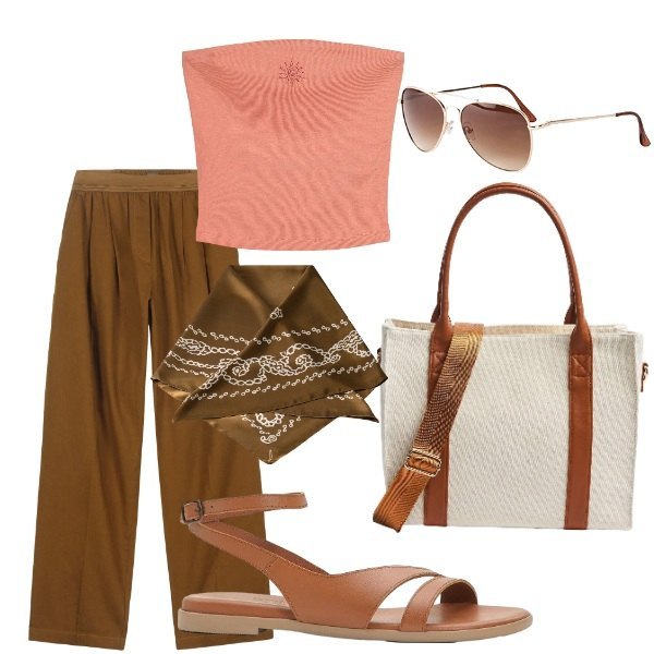 Outfit donna - Outifit di luglio. Stile Casual per Tutti i giorni. Abbinamento con occhiali da sole, sandali in pelle, top, shopping bag, pantaloni, foulard.