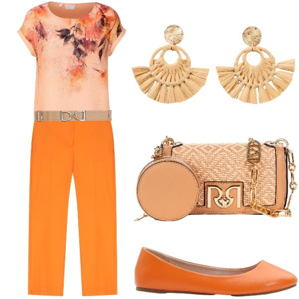 Outfit donna - Serata tra amici. Stile Casual chic per Tutti i giorni. Abbinamento con bluse, orecchini, ballerine, cinture, borse a tracolla, pantaloni.