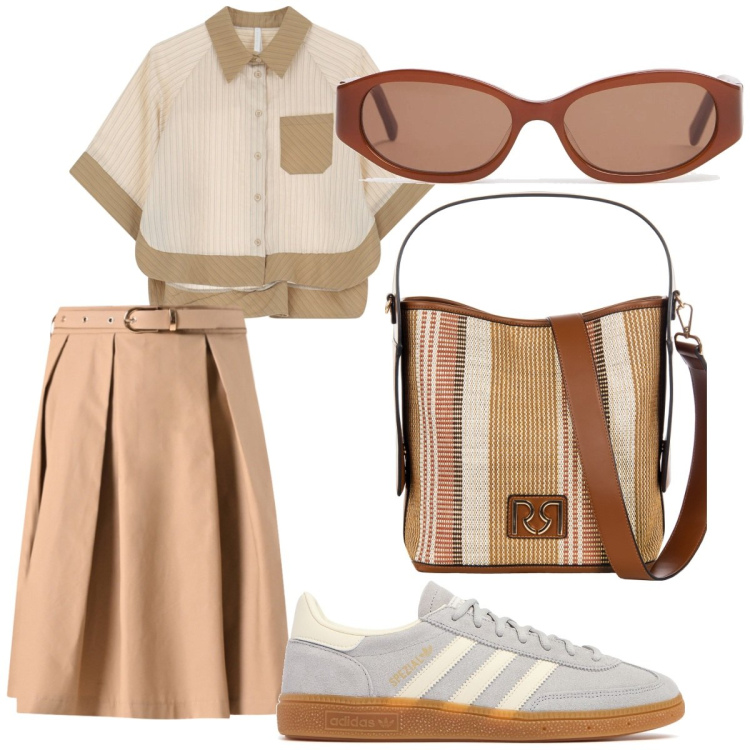 Outfit donna - Urban vacanziera. Stile Urban per Mare. Abbinamento con camicie a manica corta, borse a secchiello, gonne longuette, occhiali da sole, sneakers.