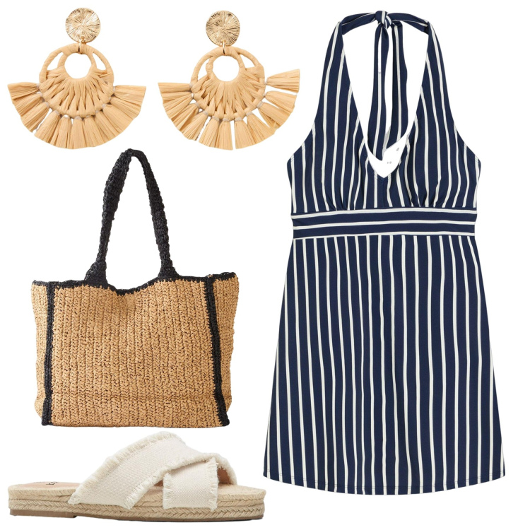 Outfit donna - Prettamente estiva. Stile Casual per Mare. Abbinamento con vestiti da spiaggia, ciabatte, shopping bag, orecchini.