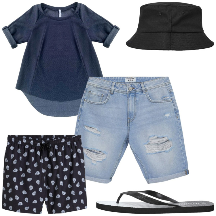 Outfit uomo - Total look #2212296. Stile Trendy per Mare. Abbinamento con costumi, bermuda, cappelli, sandali, camicie.