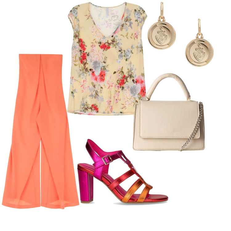 Outfit donna - Arancione in ufficio. per Ufficio. Abbinamento con borse a tracolla, tute, top, orecchini, sandali col tacco.