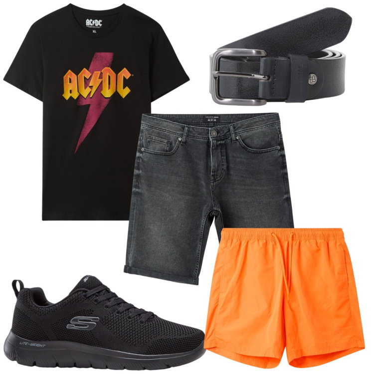 Outfit uomo - Total look #2212300. Stile Biker Rock per Mare. Abbinamento con sneakers, bermuda, costumi, t-shirt, cinture.