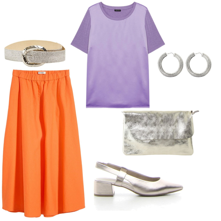 Outfit donna - Arancione e viola. per Tutti i giorni. Abbinamento con gonne longuette, cinture, orecchini, borse a tracolla, t-shirt, décolleté.
