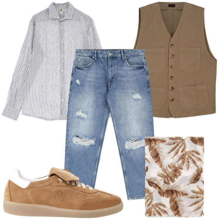 Outfit uomo - Total look #2212304. Stile Trendy per Tutti i giorni. Abbinamento con camicie, jeans strappati, sneakers, sciarpe e foulard, gilet.