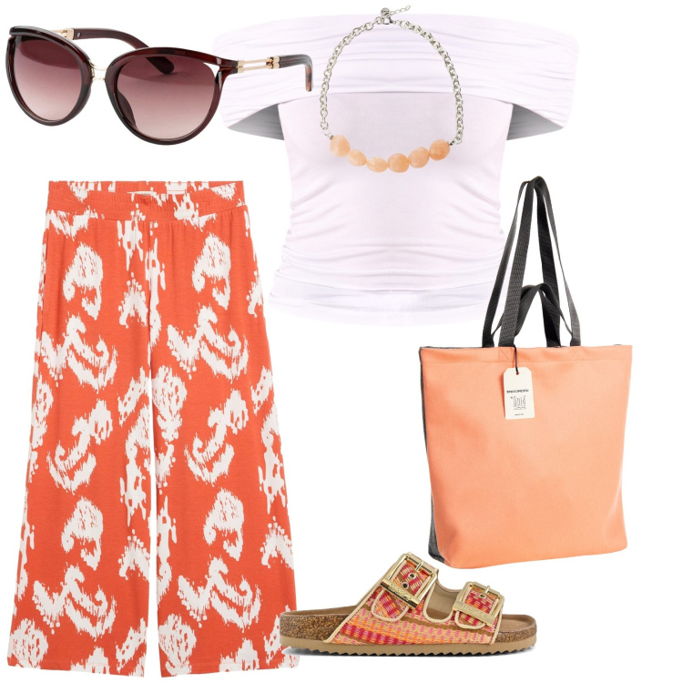 Outfit donna - Arancione in vacanza. per Mare. Abbinamento con pantaloni, occhiali da sole, borse tote, top, collane, sandali.
