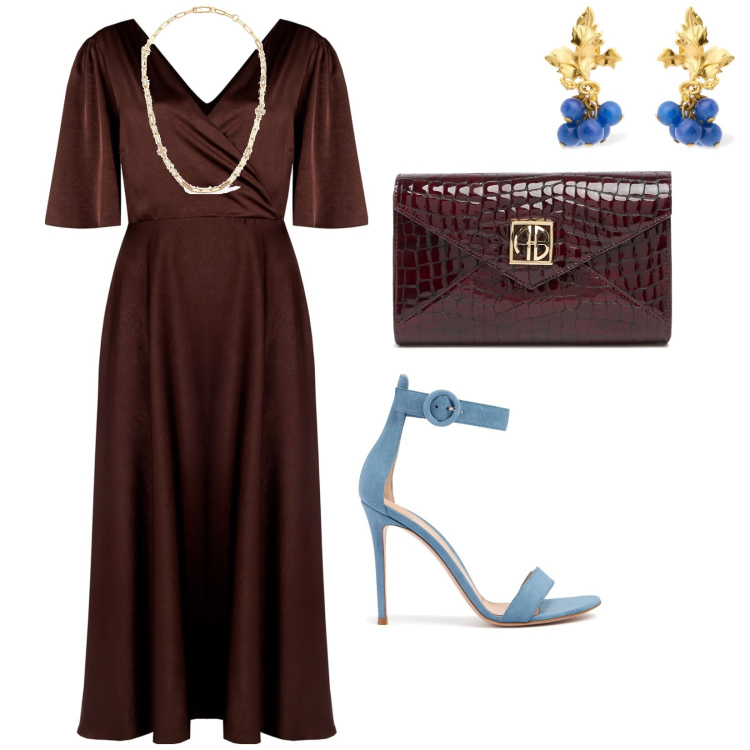 Outfit donna - Matrimonio ad agosto. per Cerimonia. Abbinamento con vestiti lunghi, collane, pochette, sandali in pelle, orecchini.